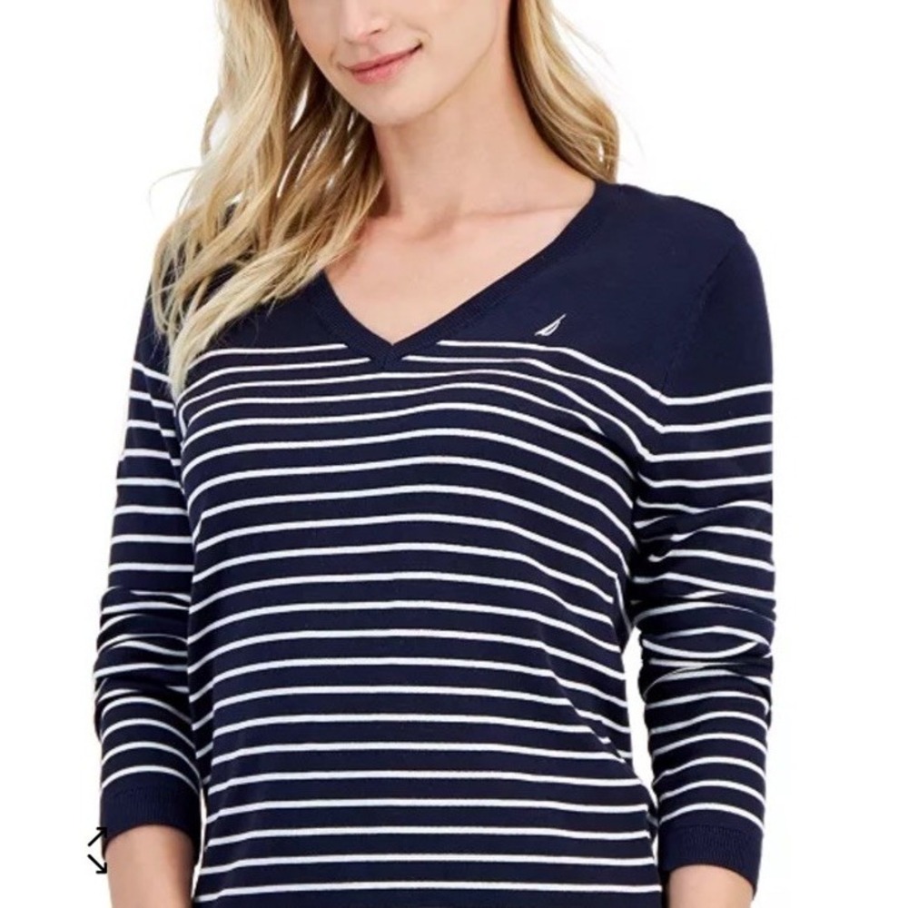 Nautica Womens Cotton Sailor Striped Sweater V Neck Navy White Size L New